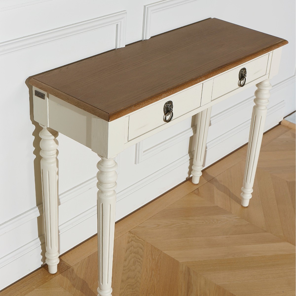 Console style shabby chic, plateau en chêne, 2 tiroirs ANGLOIS blanc, ROBIN DES BOIS