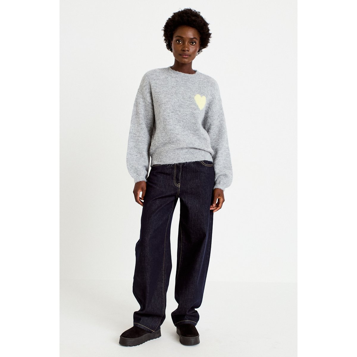 Pull oversize col rond manches longues gris clair, CACHE CACHE