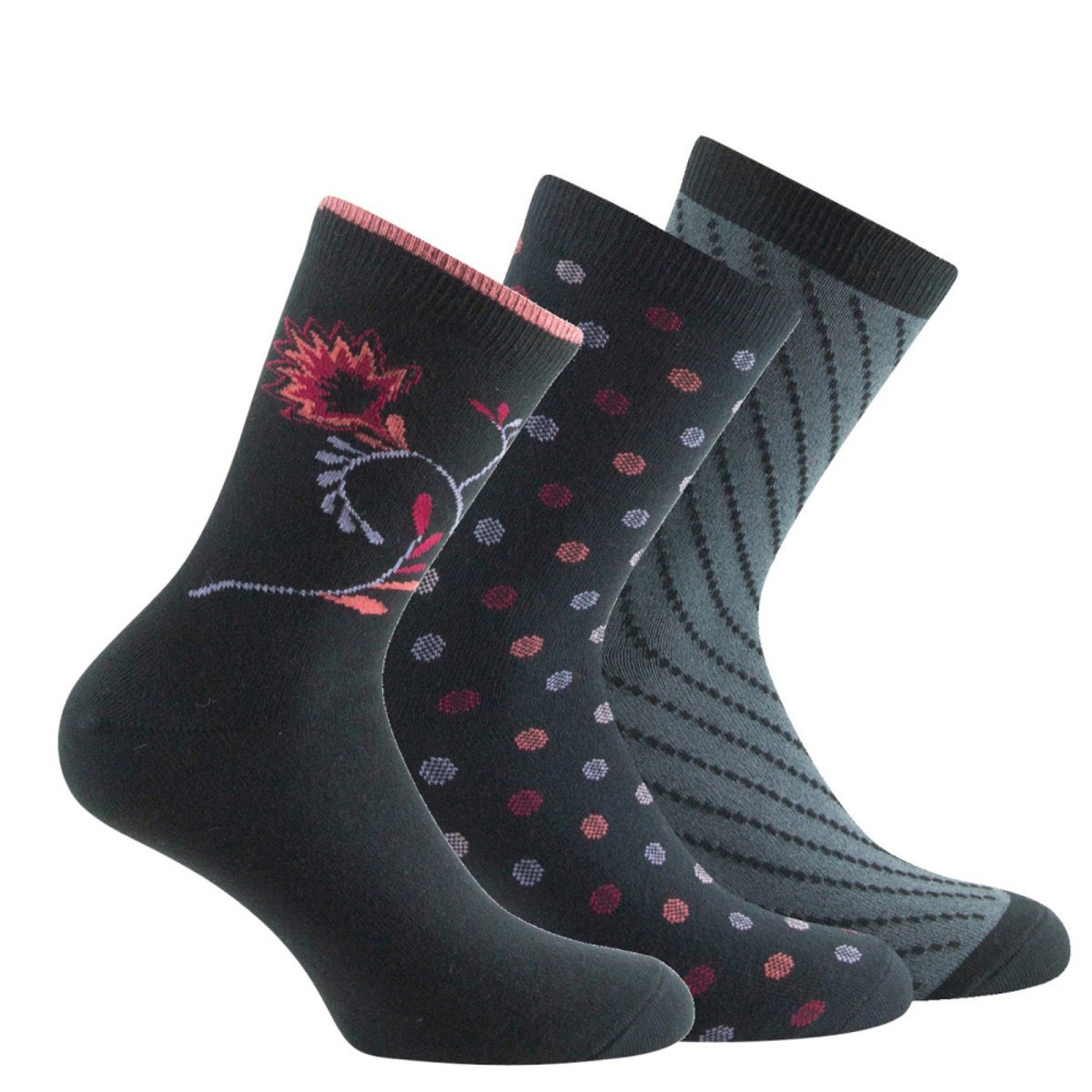 Pack de 3 mi-chaussettes jersey fantaisie Fleurs, Pois et Fantaisie de mailles Coton majoritaire noir, KINDY