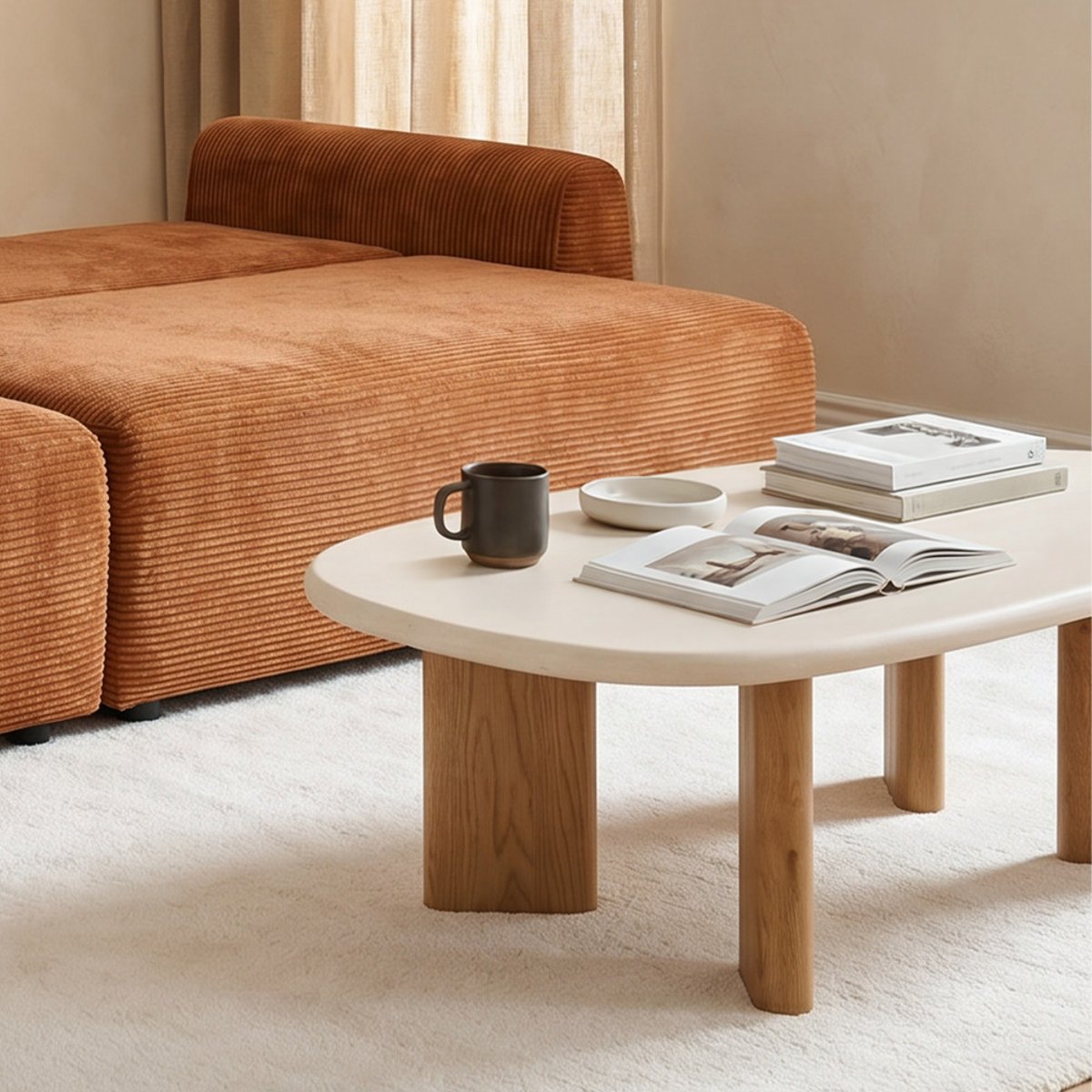 Table basse organique effet béton et bois L130cm- SYLINA beige, DRAWER