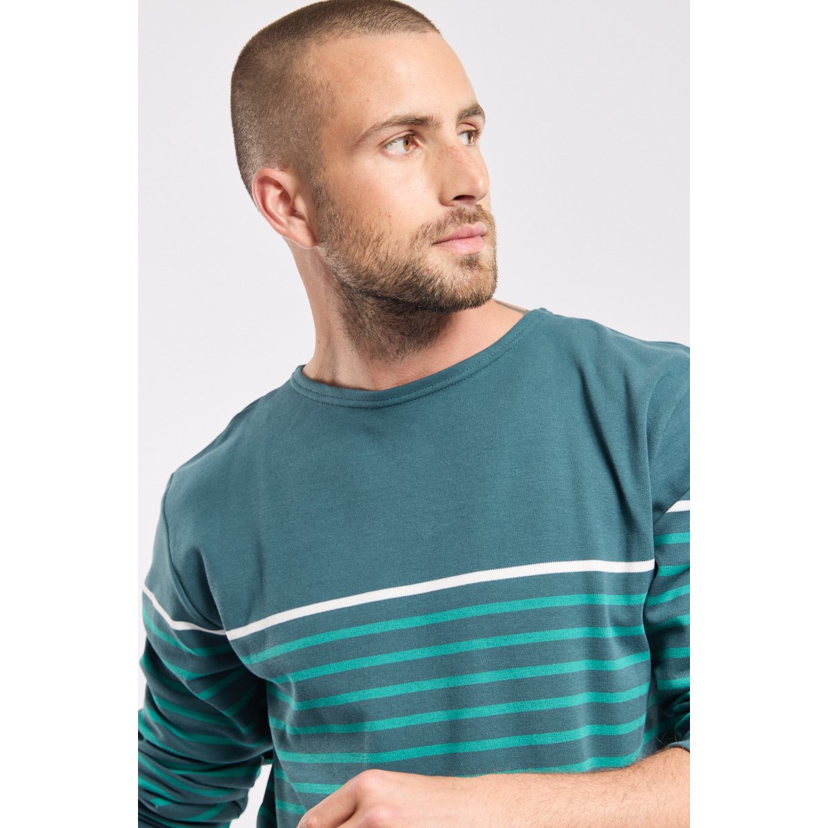Marinière manches longues en coton dark storm/aquagreen/milk, ARMOR-LUX