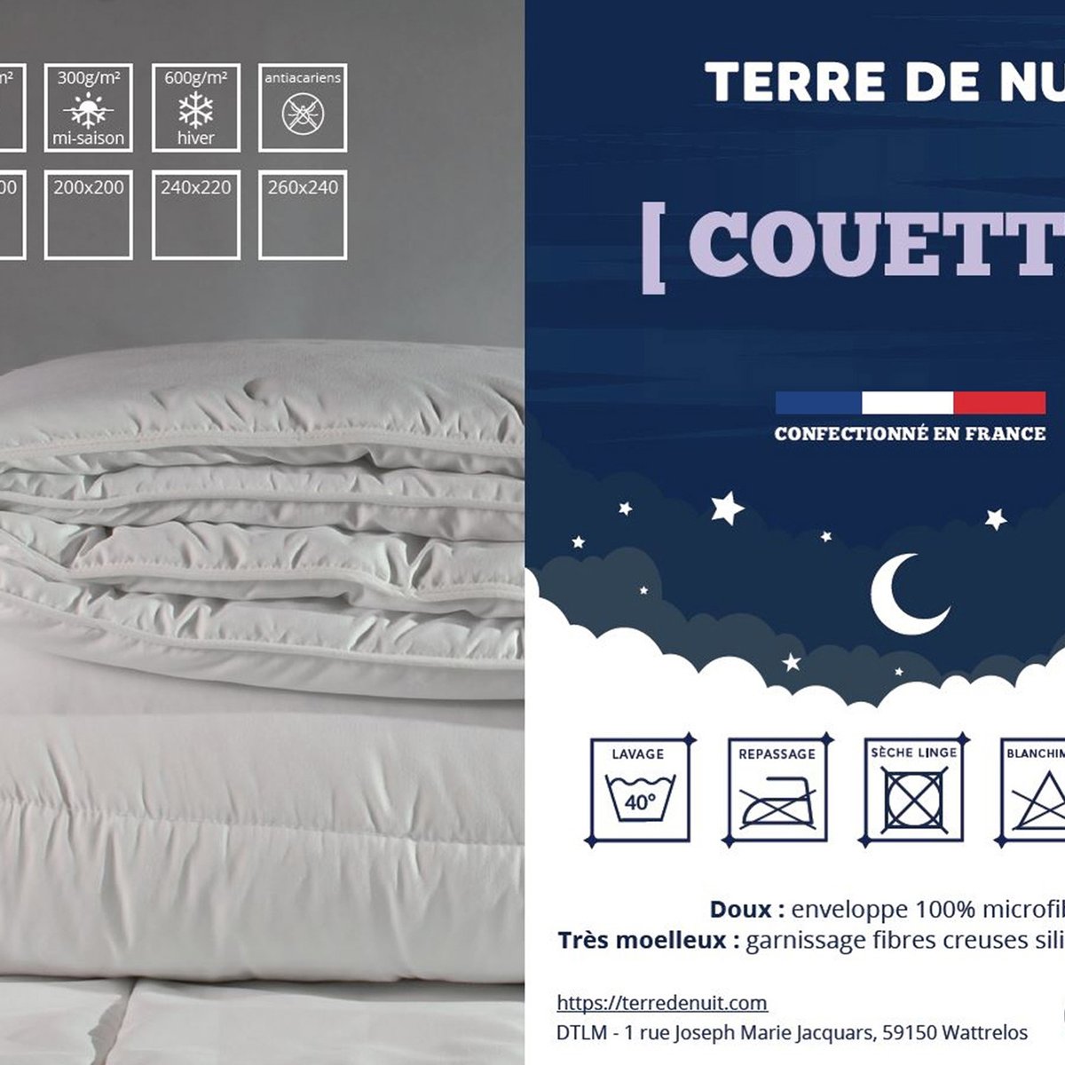 Couette mi-saison tempérée antiacariens 350g blanc, TERRE DE NUIT