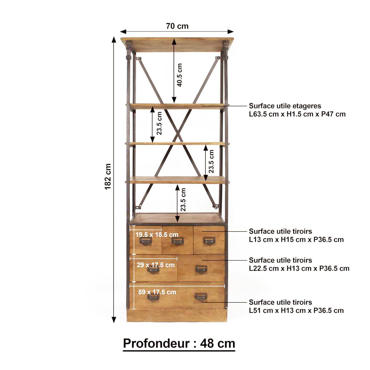 Petite bibliothèque en métal et bois de manguier  MARCEL bois clair, MADE IN MEUBLES 