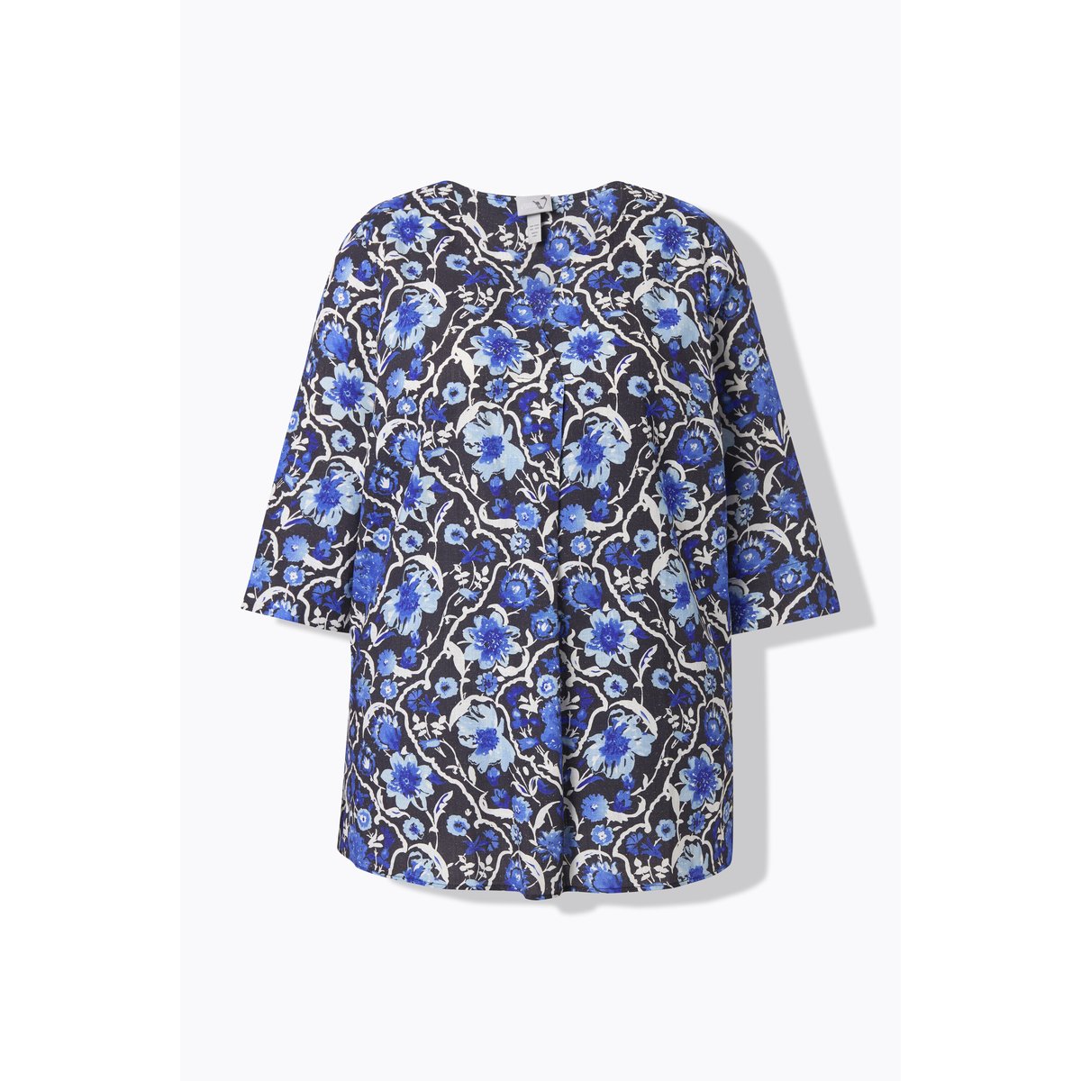 Blouse à fleurs, col tunisien et manches 3/4 marine, ULLA POPKEN