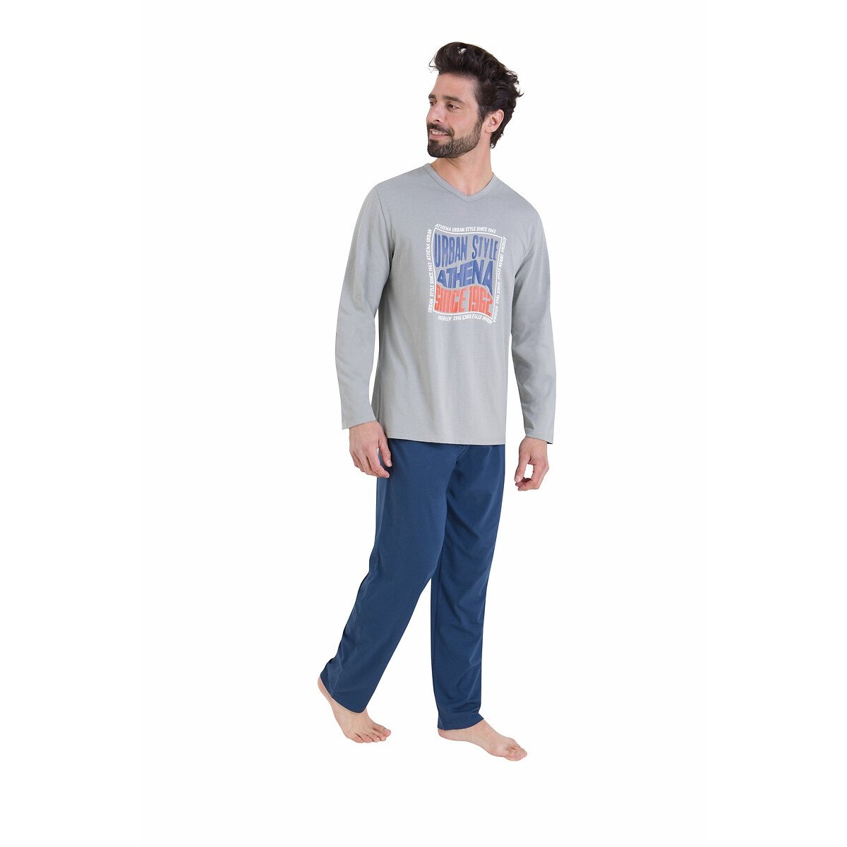 Pyjama long avec imprimé gris + bleu marine, ATHENA