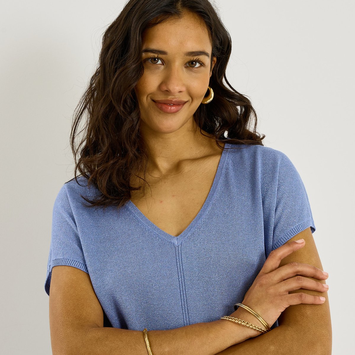 Pull brillant manches courtes bleu, GRAIN DE MALICE