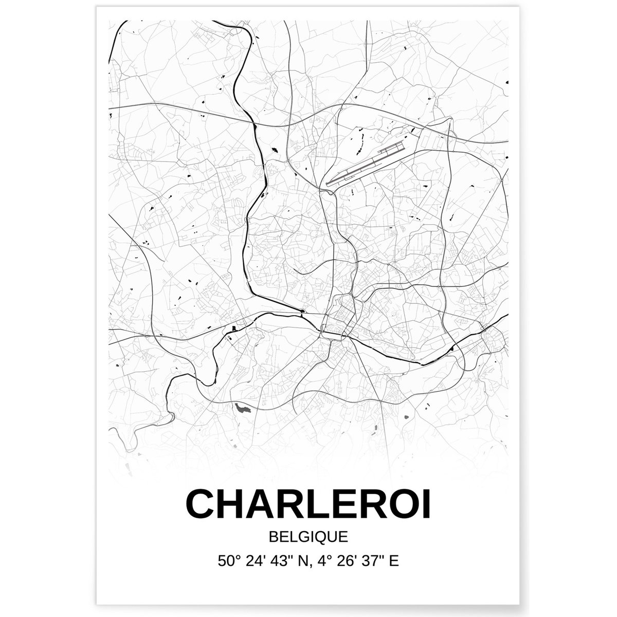 Affiche carte Charleroi - rectangle Noir et Blanc blanc, L'AFFICHERIE