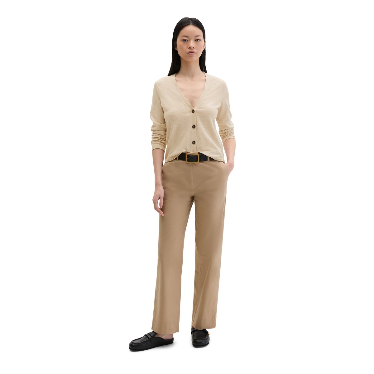 Cardigan en maille fine loose en coton et lin mélangés beige, MARC O'POLO