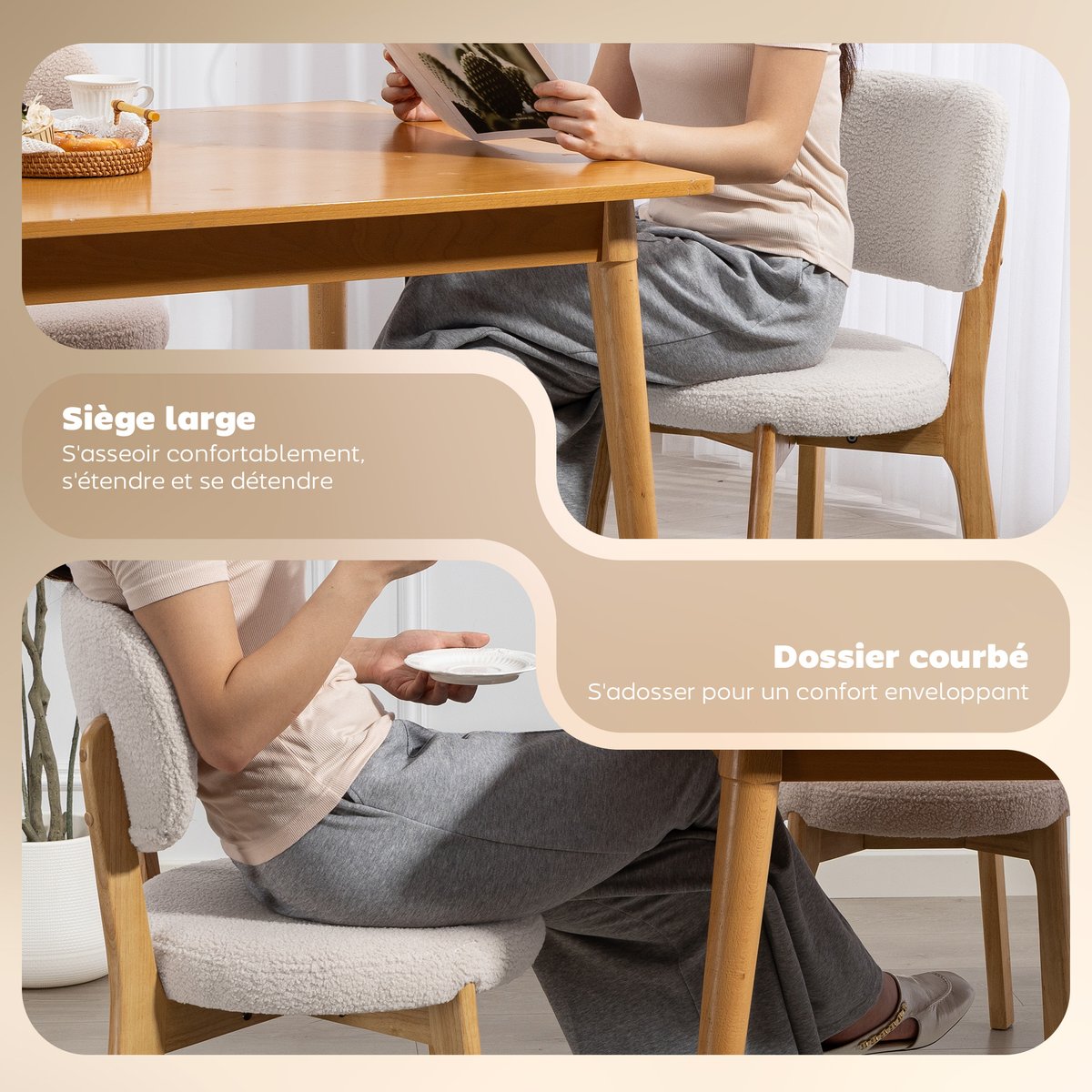 Chaise de salle à manger Tissu effet laine crème, bois naturel, HOMCOM