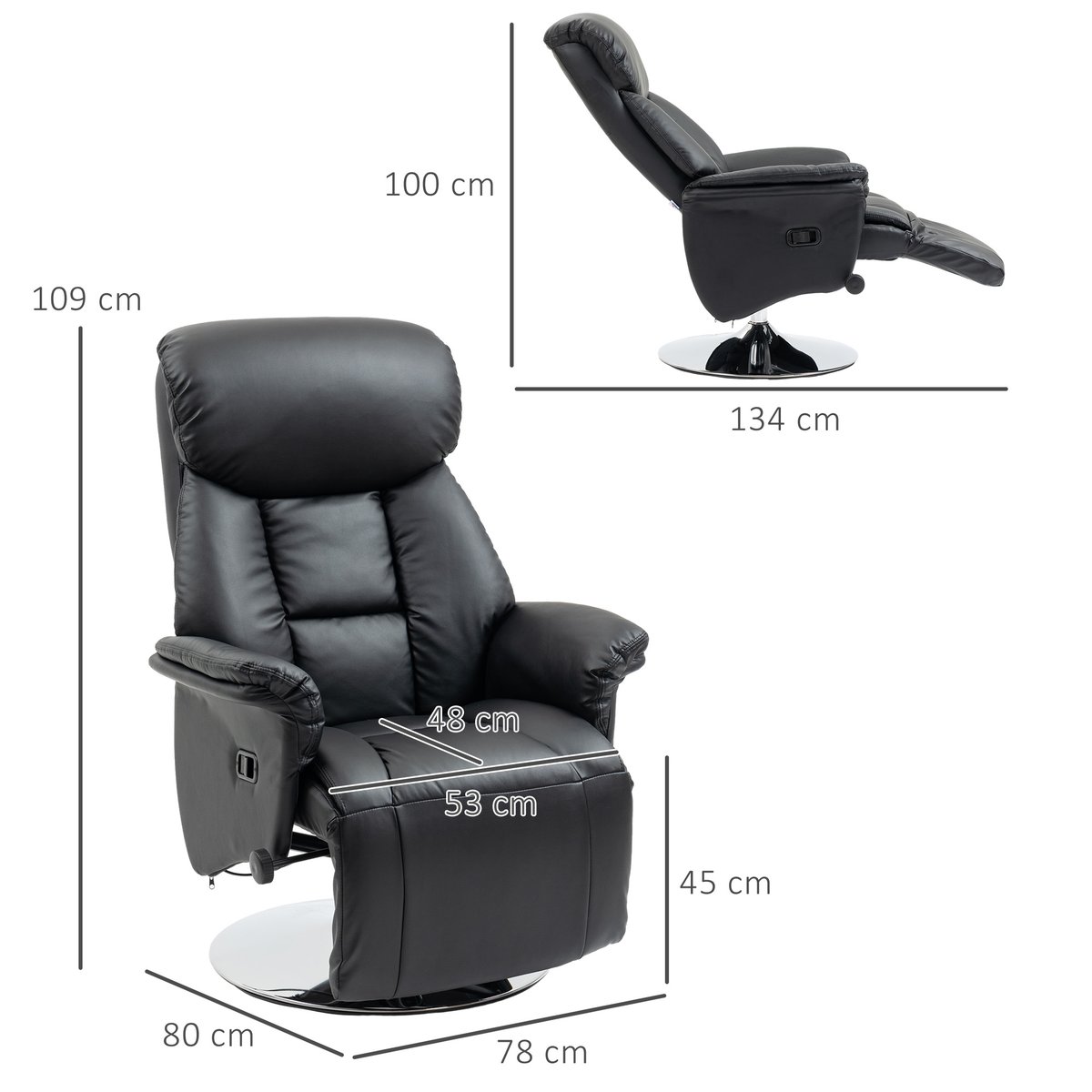 Fauteuil inclinable Polyuréthane Noir noir, HOMCOM