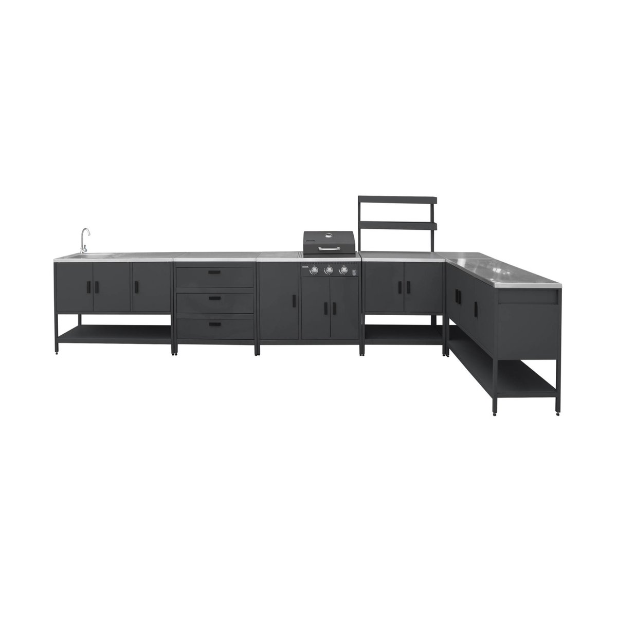 Cuisine d'extérieure 5 modules avec barbecue gaz 3 brûleurs sur pieds, thermomètre NAXOS BARBECUE GAZ + 5 MODULES noir, SWEEEK