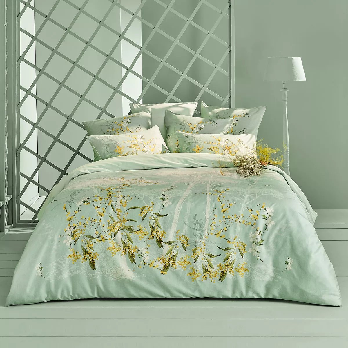 Housse de couette satin de coton Mimosas d'ete turquoise, GARNIER THIEBAUT