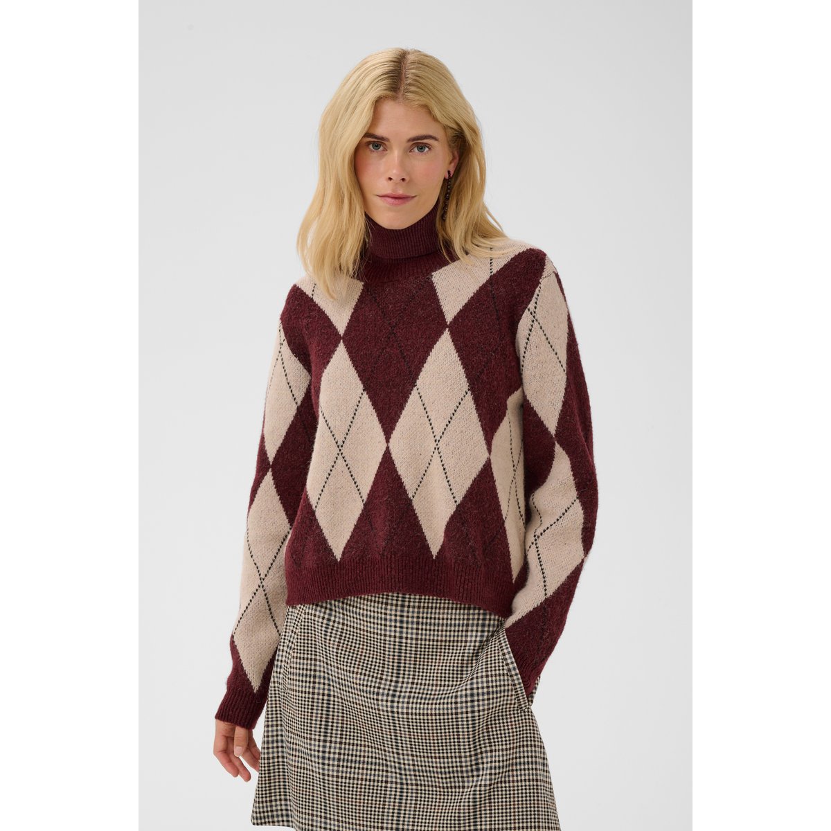 Pullover tricoté rouge burgundy argyle, CULTURE