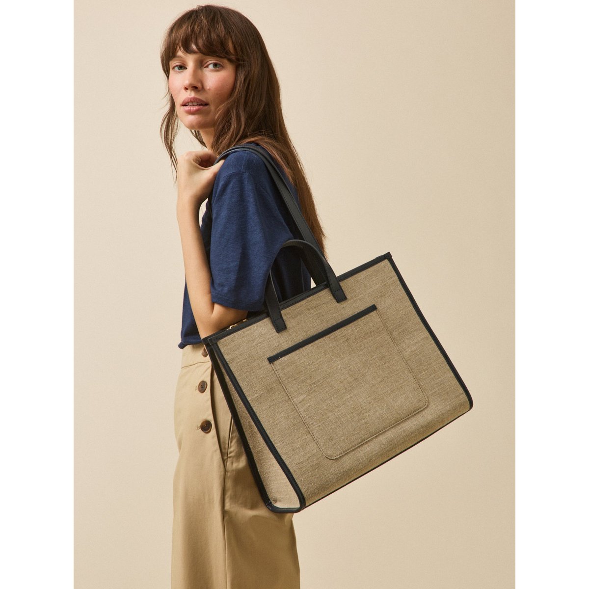 Sac cabas bi-matière - Collection Maroquinerie Cyrillus taupe, CYRILLUS