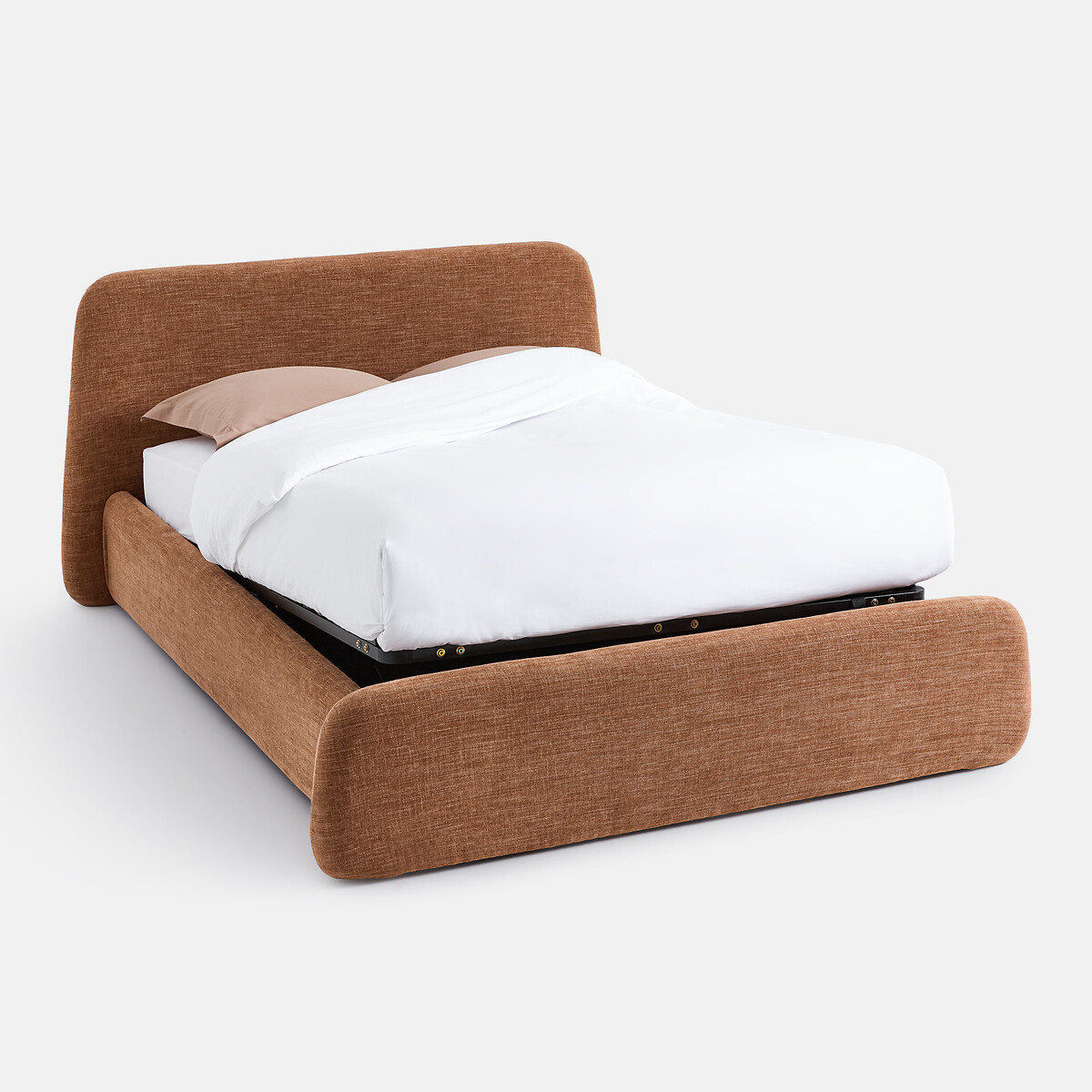 Opbergbed met opklapbare lattenbodem, chenille-stof, STEEN karamel, LA REDOUTE INTERIEURS