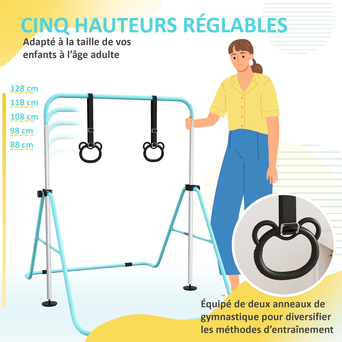 Barre de gymnastique pour enfants Acier Cyan couleur unique, HOMCOM