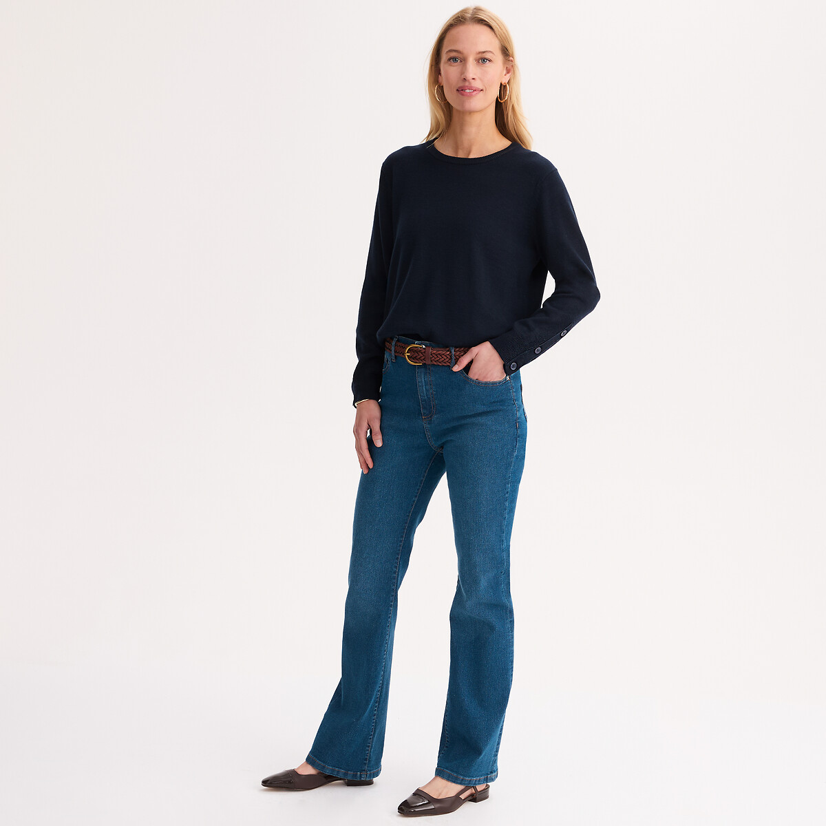 Maglione a girocollo in maglia fine, misto lana navy, ANNE WEYBURN