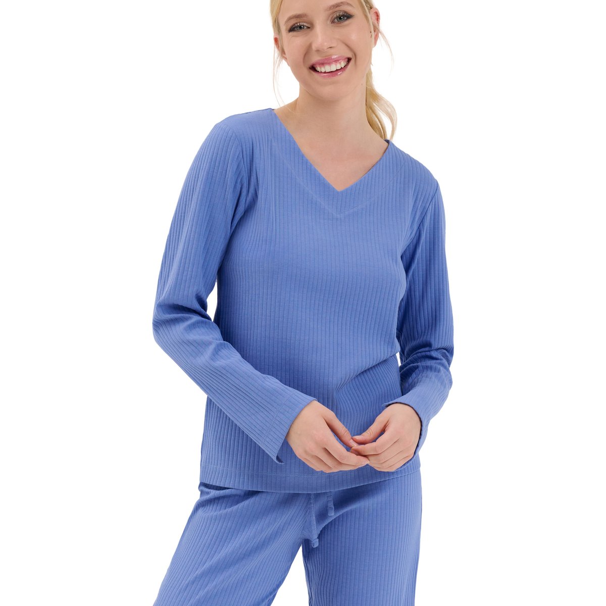 Haut pyjama top col V manches longues Lucky bleu, LISCA