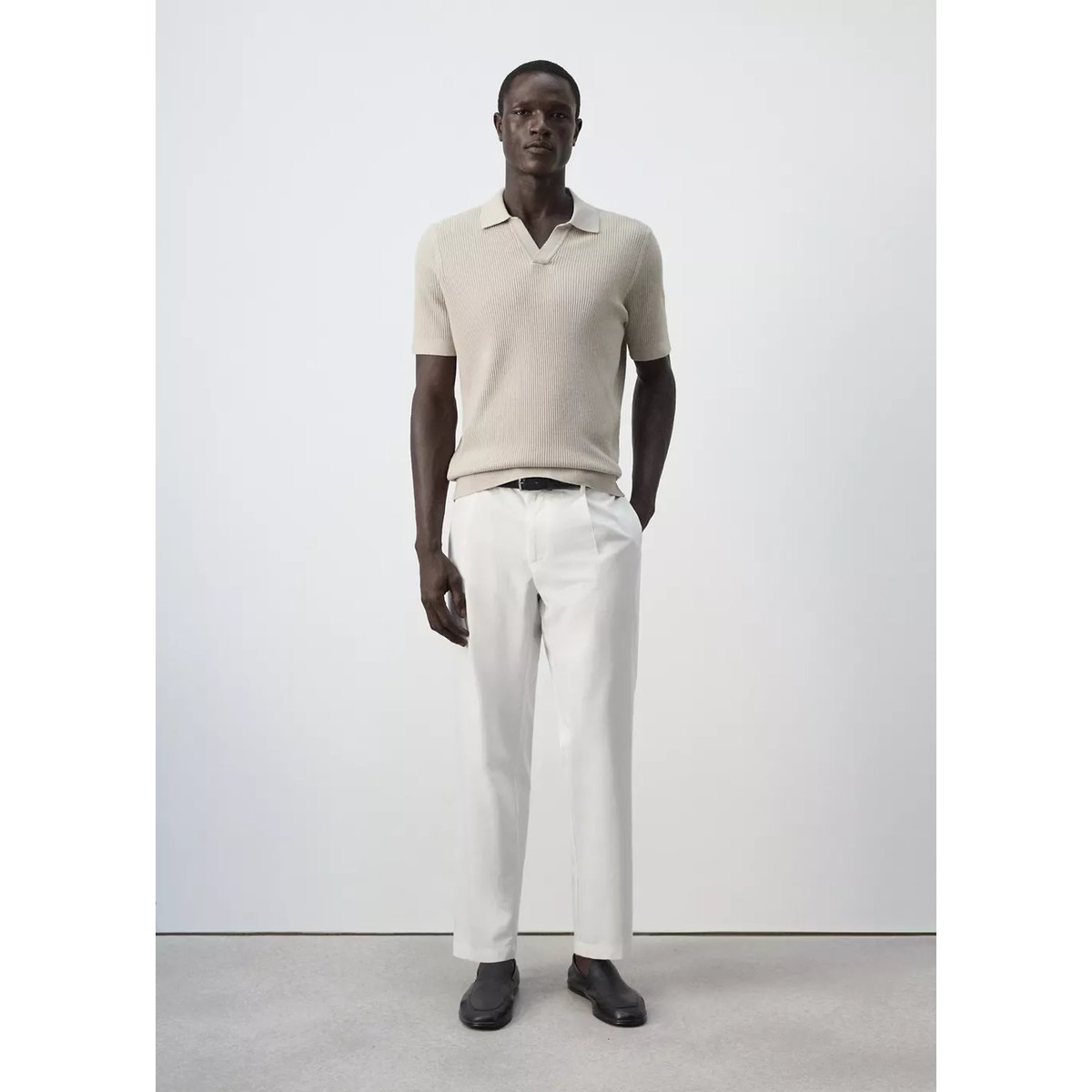 Polo coton mélangé maille côtelée beige, MANGO MAN