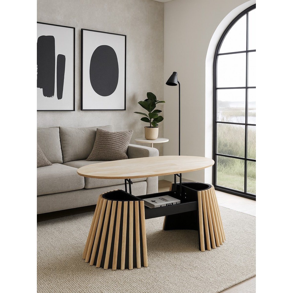 Table basse ovale relevable en bois - LANDIA chêne clair, MATHI DESIGN
