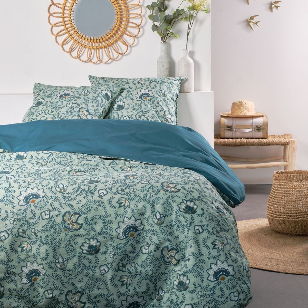 Parure de lit imprimé Floral coton SUNSHINE ILONA vert, TODAY