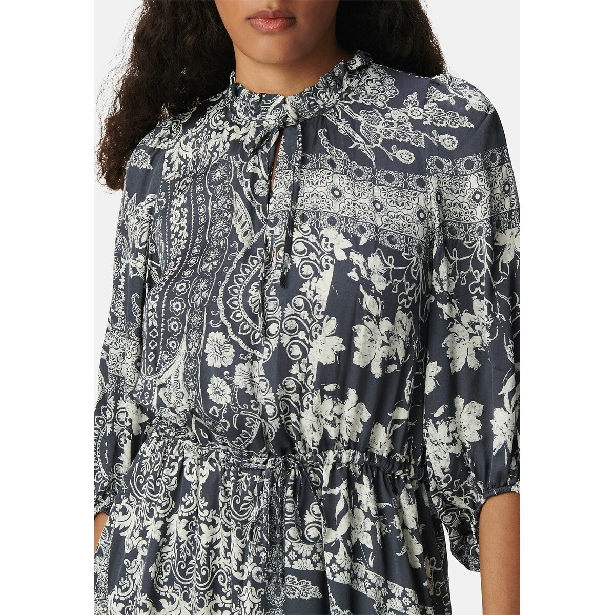 Printed Flared Midi Dress with Elbow-Length Sleeves blue print, IKKS