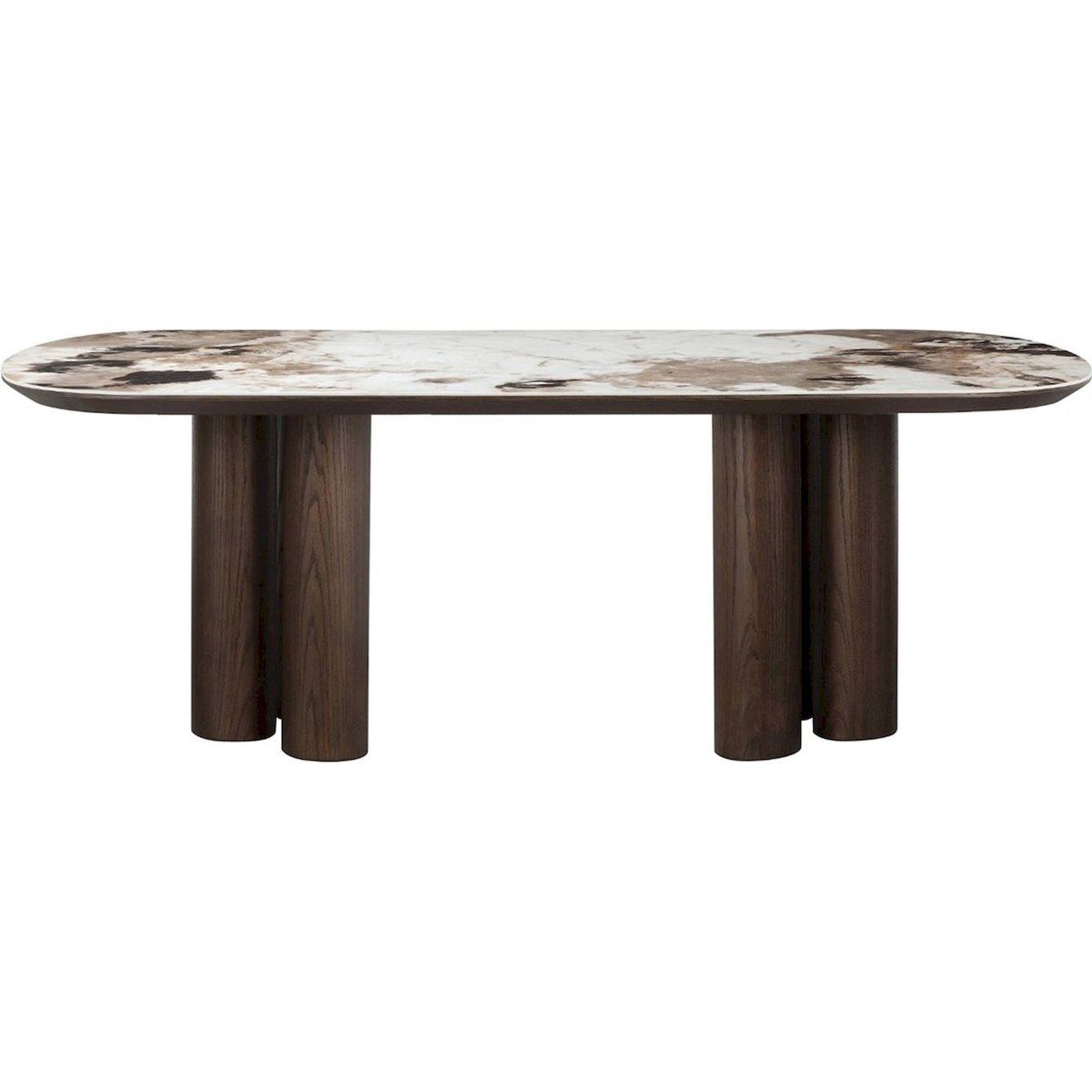 Table à manger rectangulaire en céramique et chêne Langford marron effet marbre et bois foncé, RECOLLECTION
