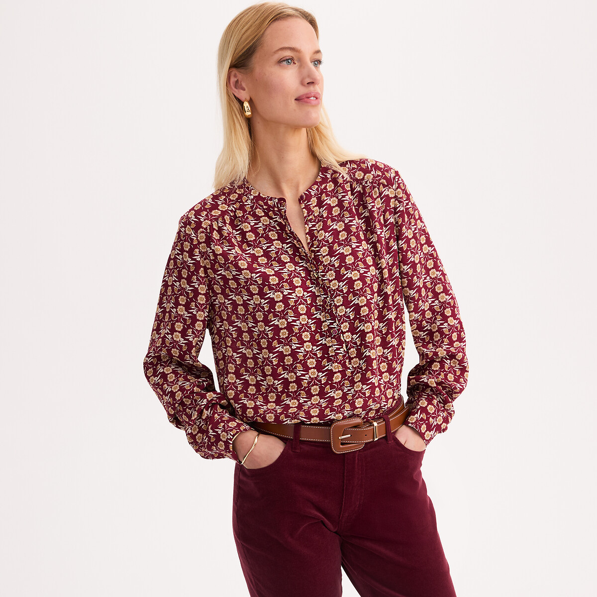 Floral Print Viscose Long Sleeve Grandad Collar Blouse floral print/burgundy background, ANNE WEYBURN
