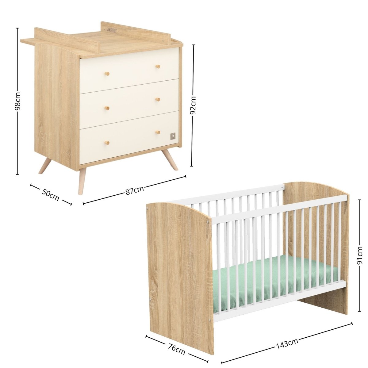 Chambre bébé, Lit évolutif et Commode à langer blanc/marron, SAUTHON