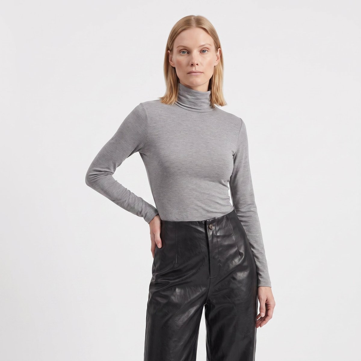 T-shirt gris coupe ajustée col roulé manches longues ELIZA gray, ARTLOVE