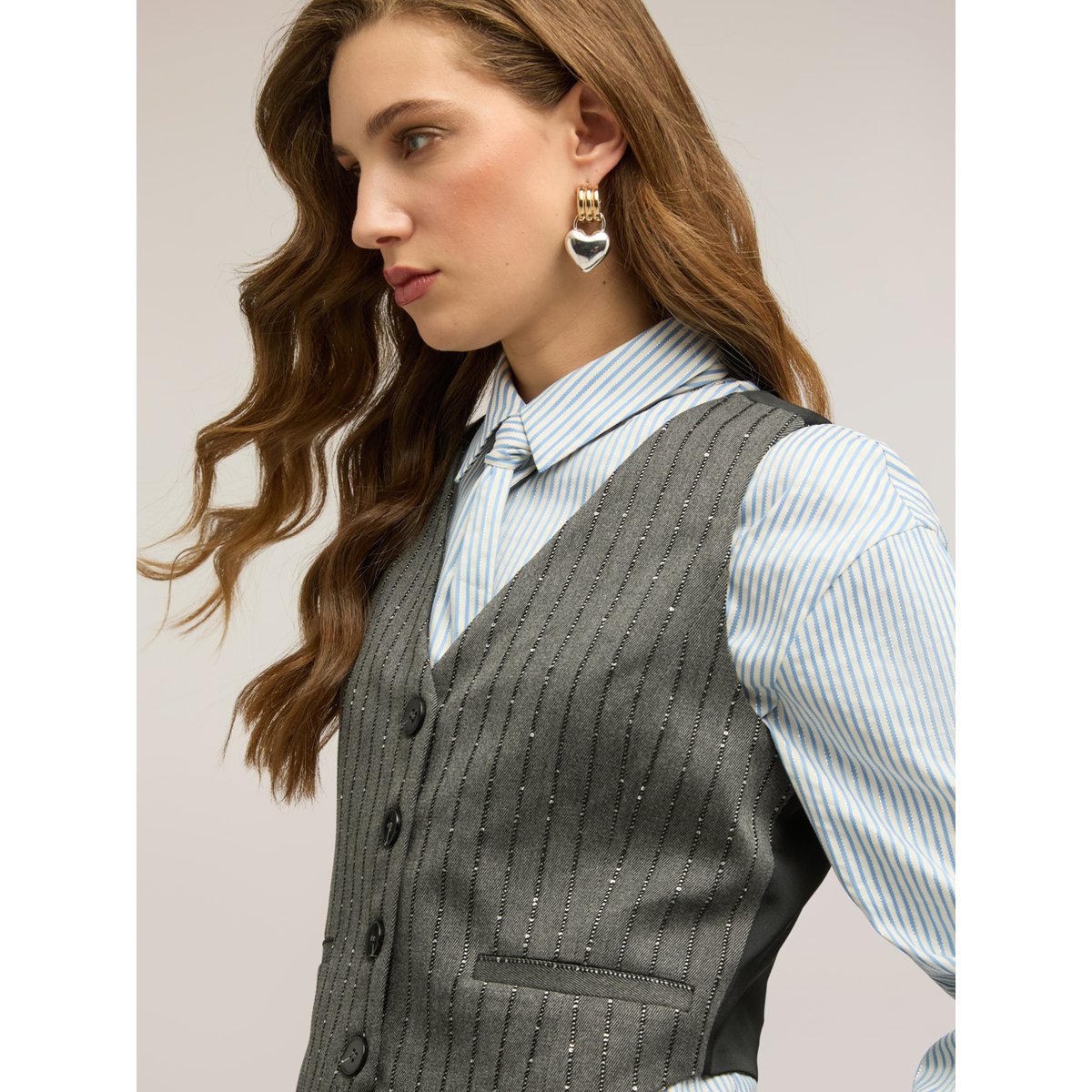 Gilet fantaisie à rayures tennis avec paillettes gris, MOTIVI
