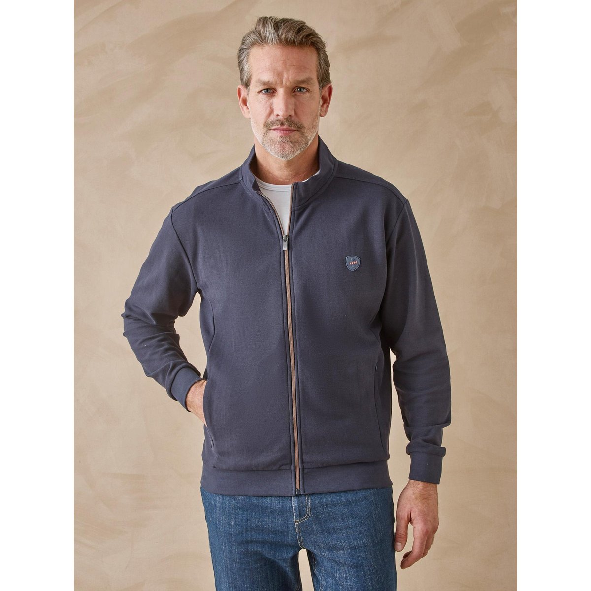 Gilet en maille piquée zippé marine, DAXON