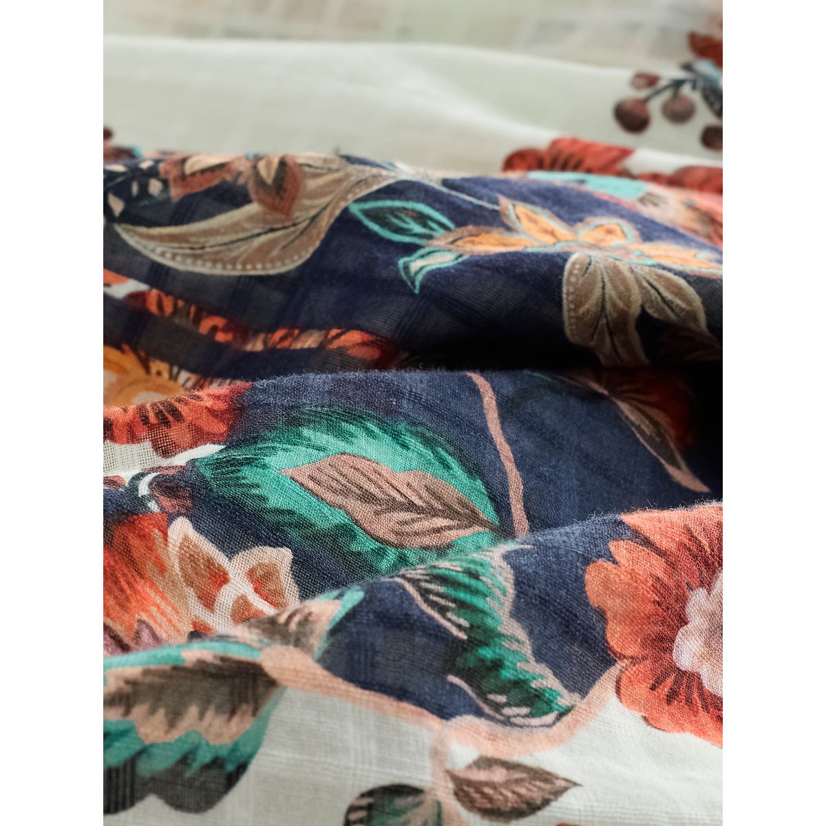 Robe à col carré et manches évasées bleu marine/pêche à motifs floraux, NEXT