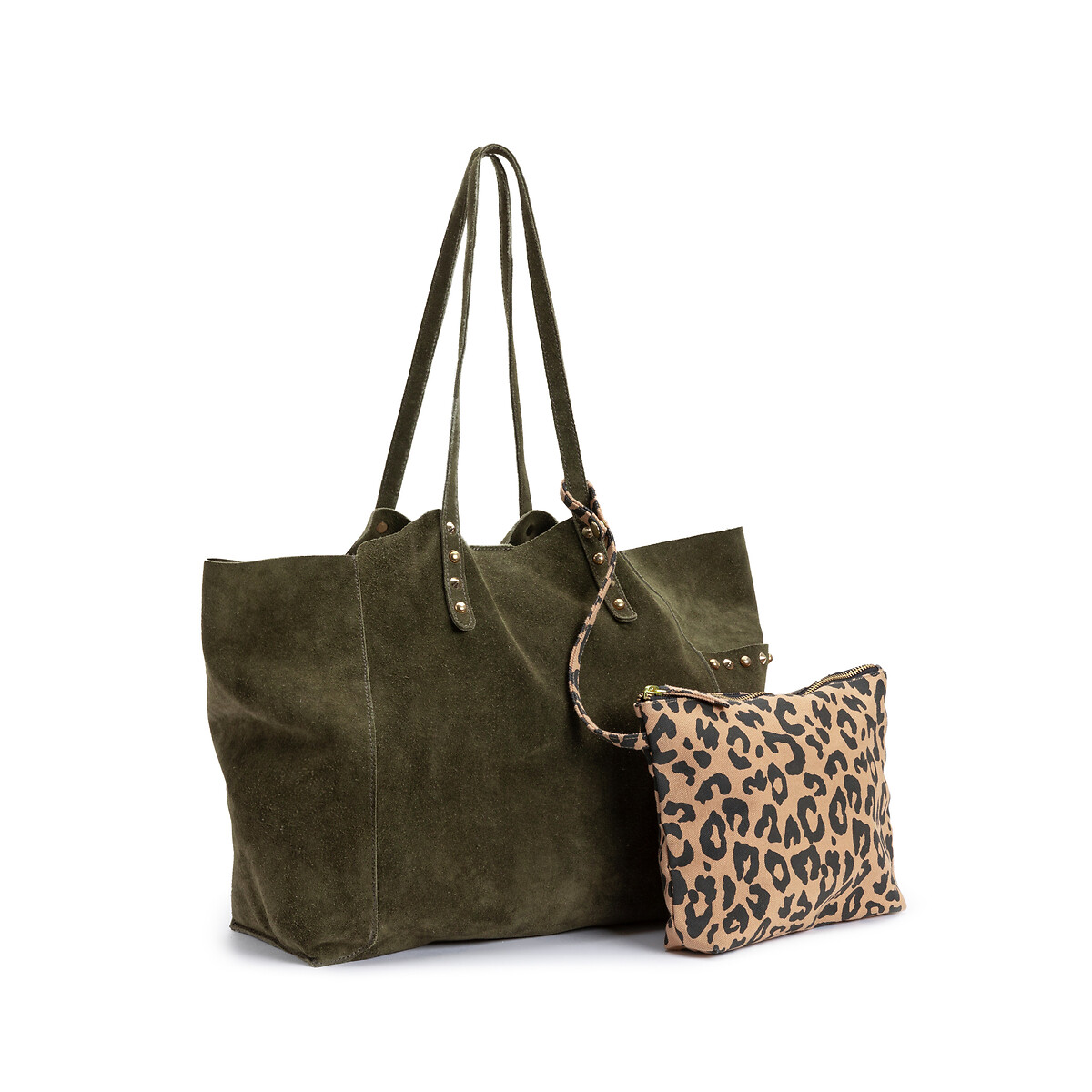 Suede Tote Bag with Leopard Print Pouch khaki, LA REDOUTE COLLECTIONS