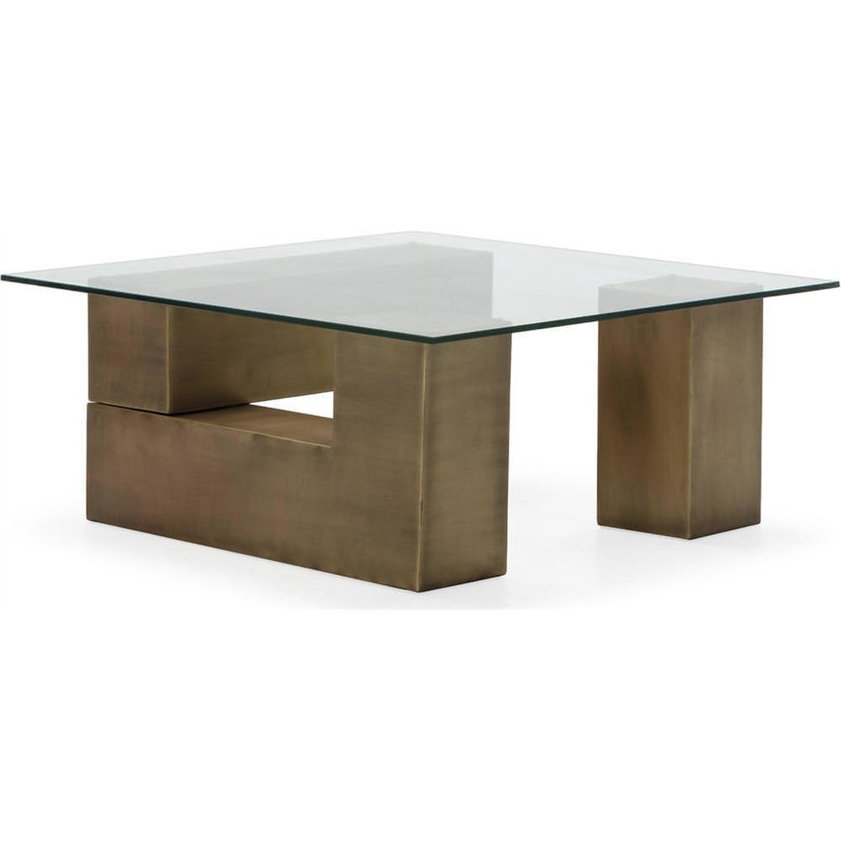 Table basse carrée en verre et laiton laiton vieilli, RECOLLECTION