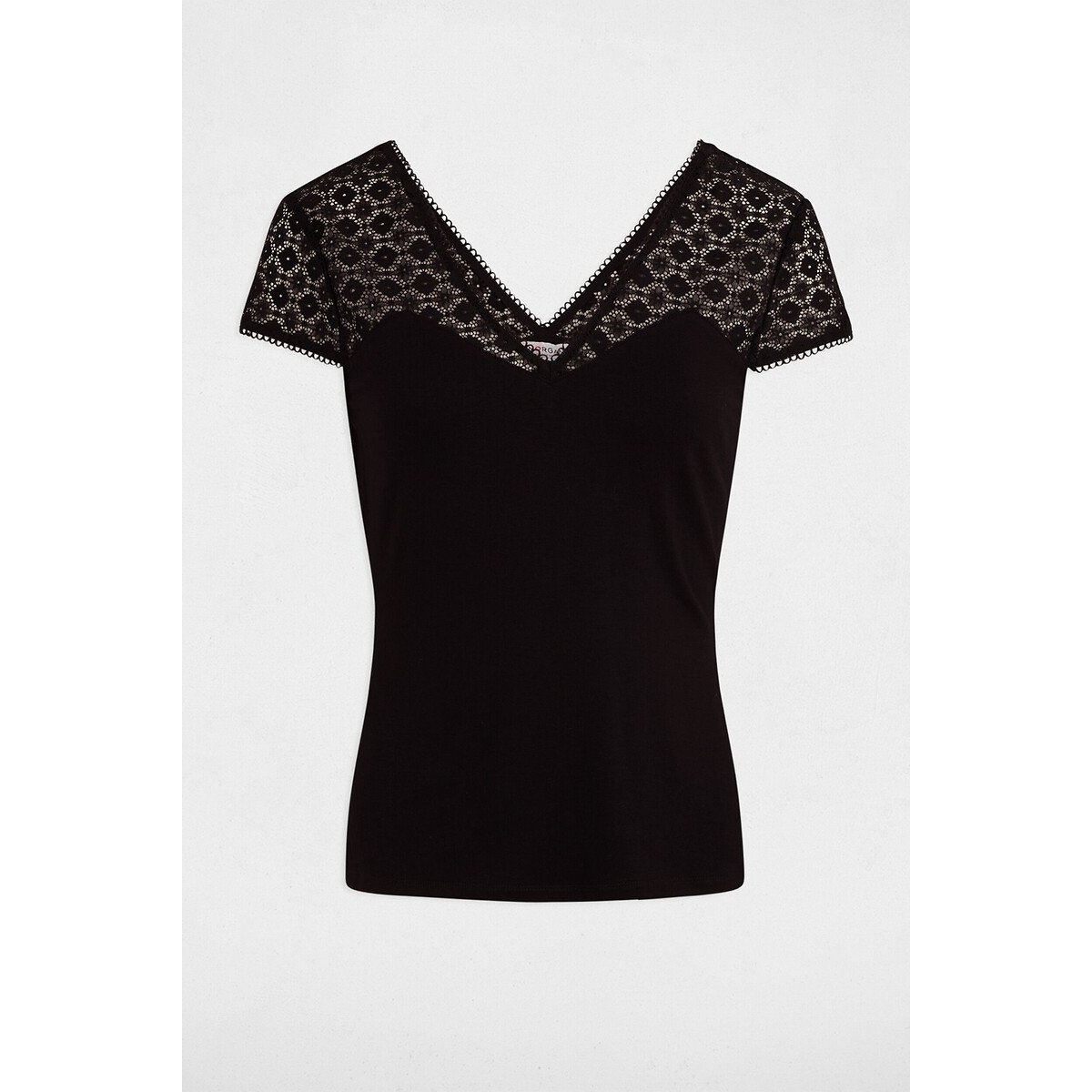 Camiseta con cuello de pico y manga corta negro, MORGAN