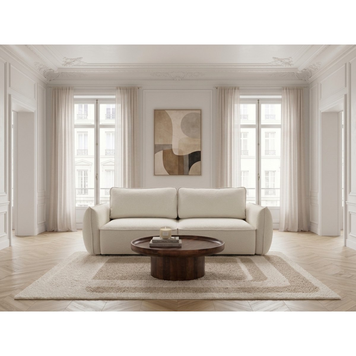 Canapé droit convertible 3 places en tissu chenille, ESMEE blanc, BOBOCHIC