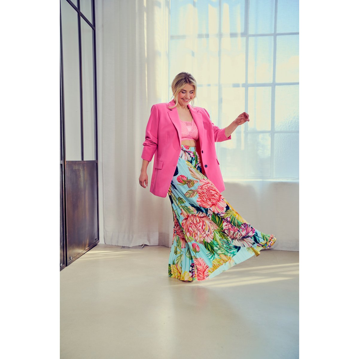 Pantalon plissé, motif floral jaune citron, ULLA POPKEN