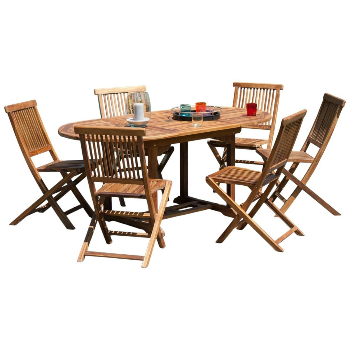 Salon de jardin table d'extérieur extensible ovale 120/180x90cm 6 chaises pliantes en bois de teck huilé MACAO bois naturel, PIER IMPORT