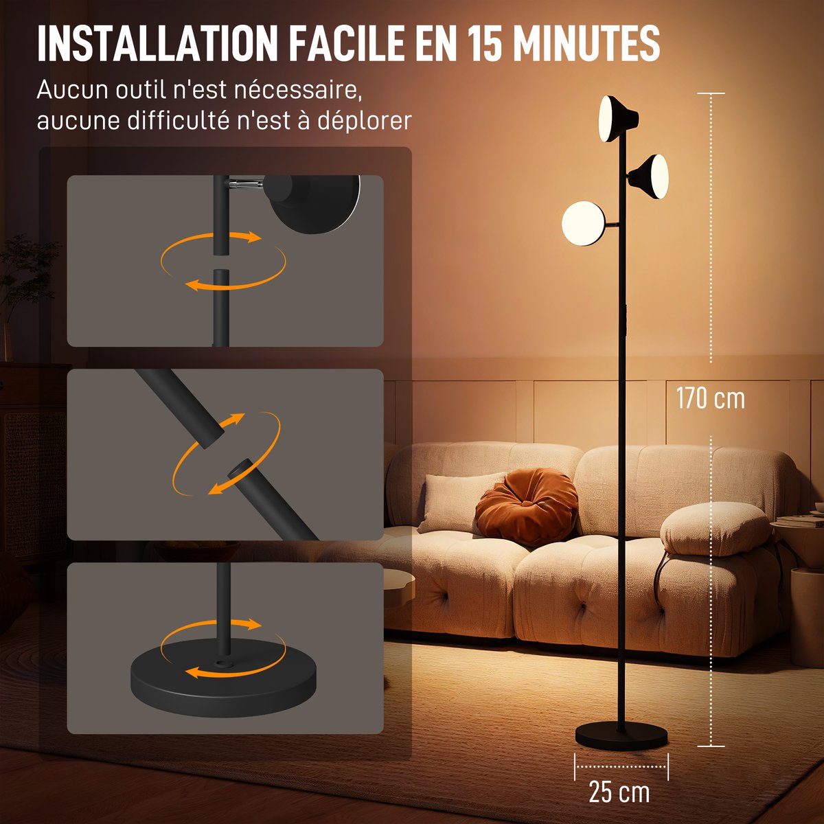 Lampadaire Acier Noir noir, HOMCOM