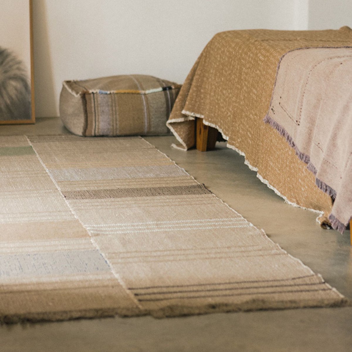 Tapis rectangulaire tissé à la main d'Oaxaca rugcycled, aqua, anil, grain de café, monstera, patroit, miel, naturel, LORENA CANALS