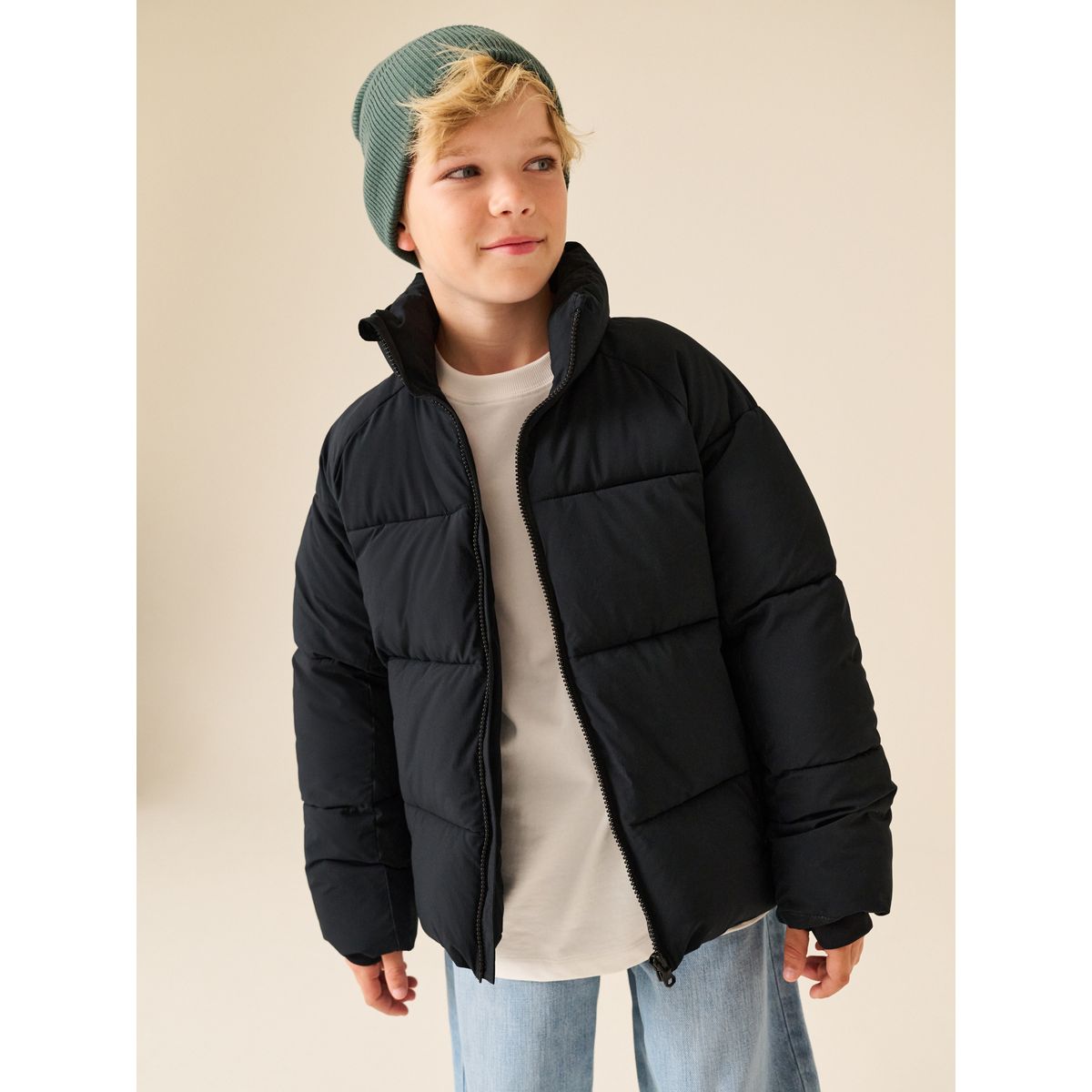 Manteau rembourré sans capuche à micropolaire noir, NEXT