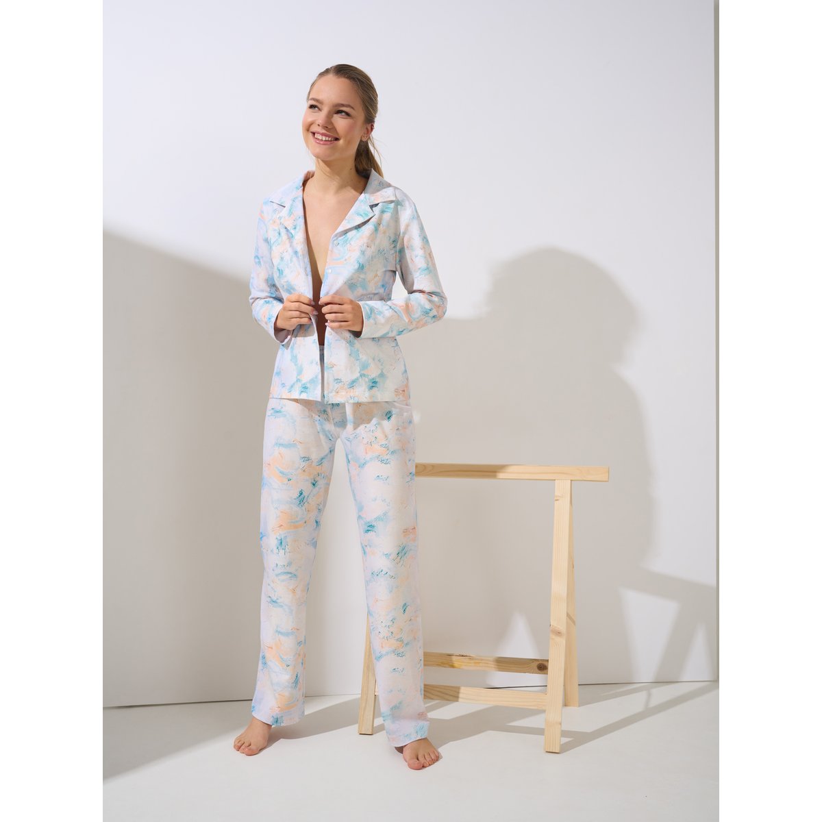 Pyjama pantalon chemise manches longues Olena bleu, LISCA