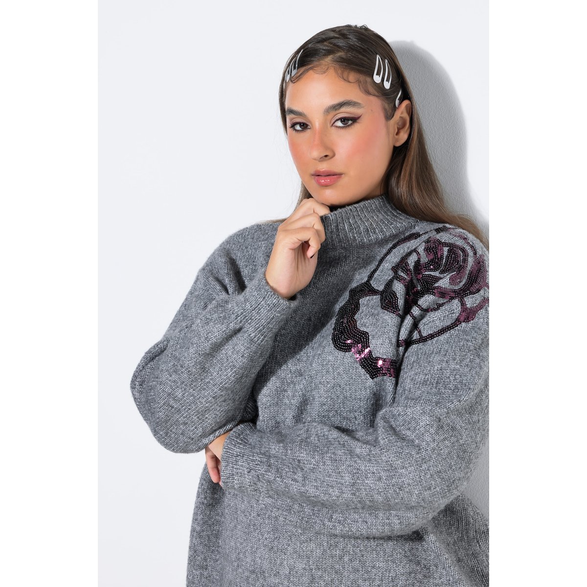 Pull, coupe oversize, rose en paillettes gris chiné, STUDIO UNTOLD