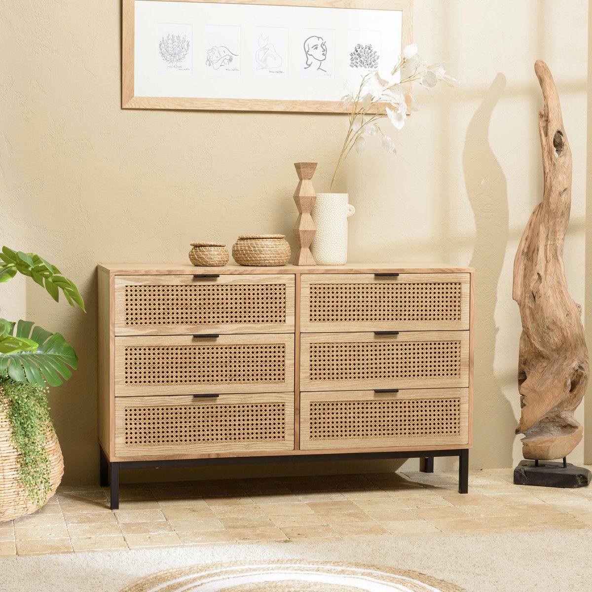 Commode 6 tiroirs bois clair et rotin pieds métal PALMA bois naturel, PIER IMPORT