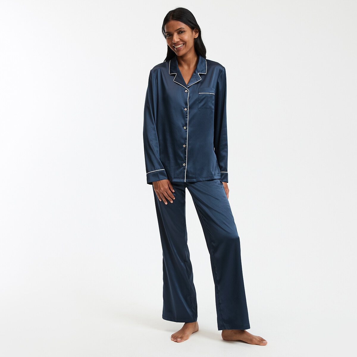 Pyjama manches longues en satin marine, LA REDOUTE COLLECTIONS