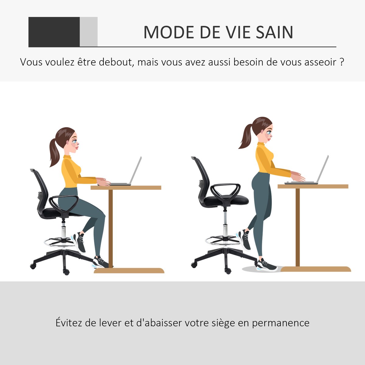 Chaise de bureau pour poste de travail debout noir, HOMCOM
