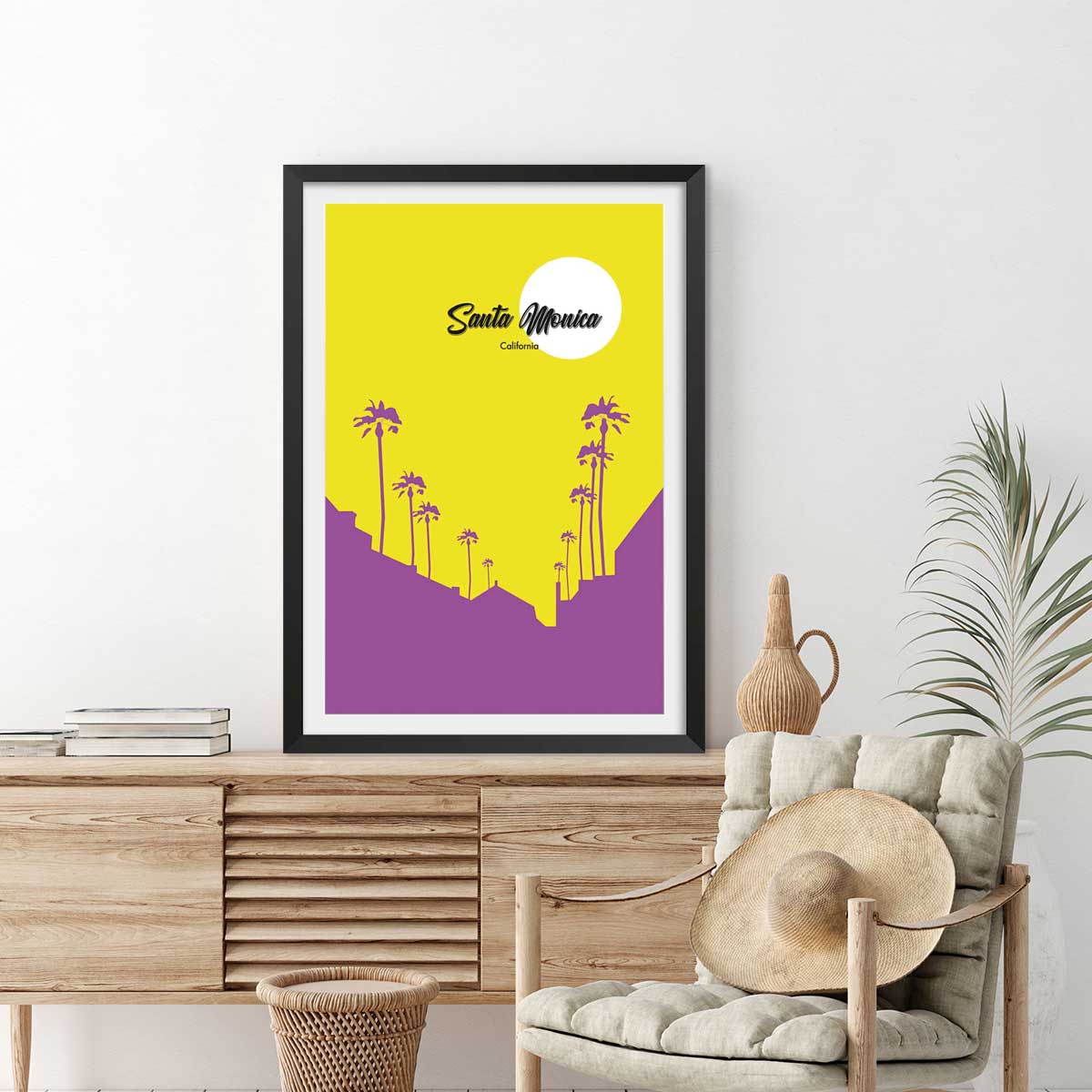 Affiche graphique santa monica californie affiche + cadre en bois - noir, HEXOA