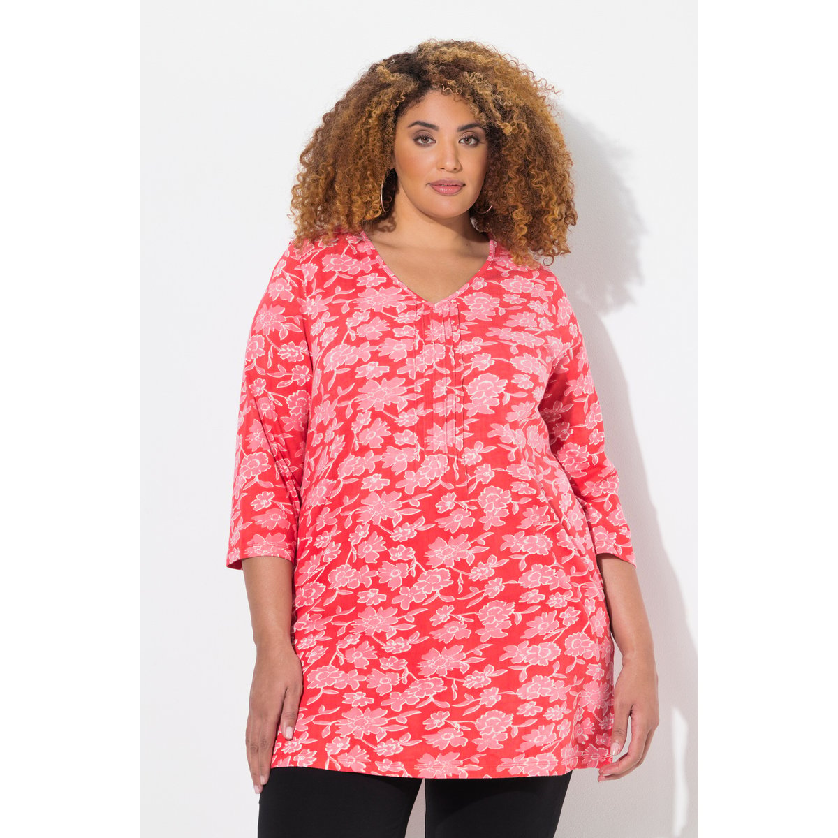 T-shirt long coupe évasée, passepoils rouge piment, ULLA POPKEN