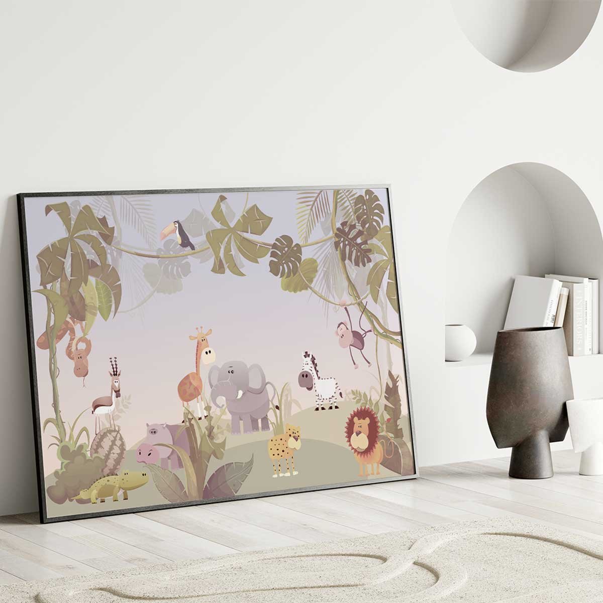 Affiche encadrée jungle animaux enfants affiche + cadre en métal - noir, HEXOA